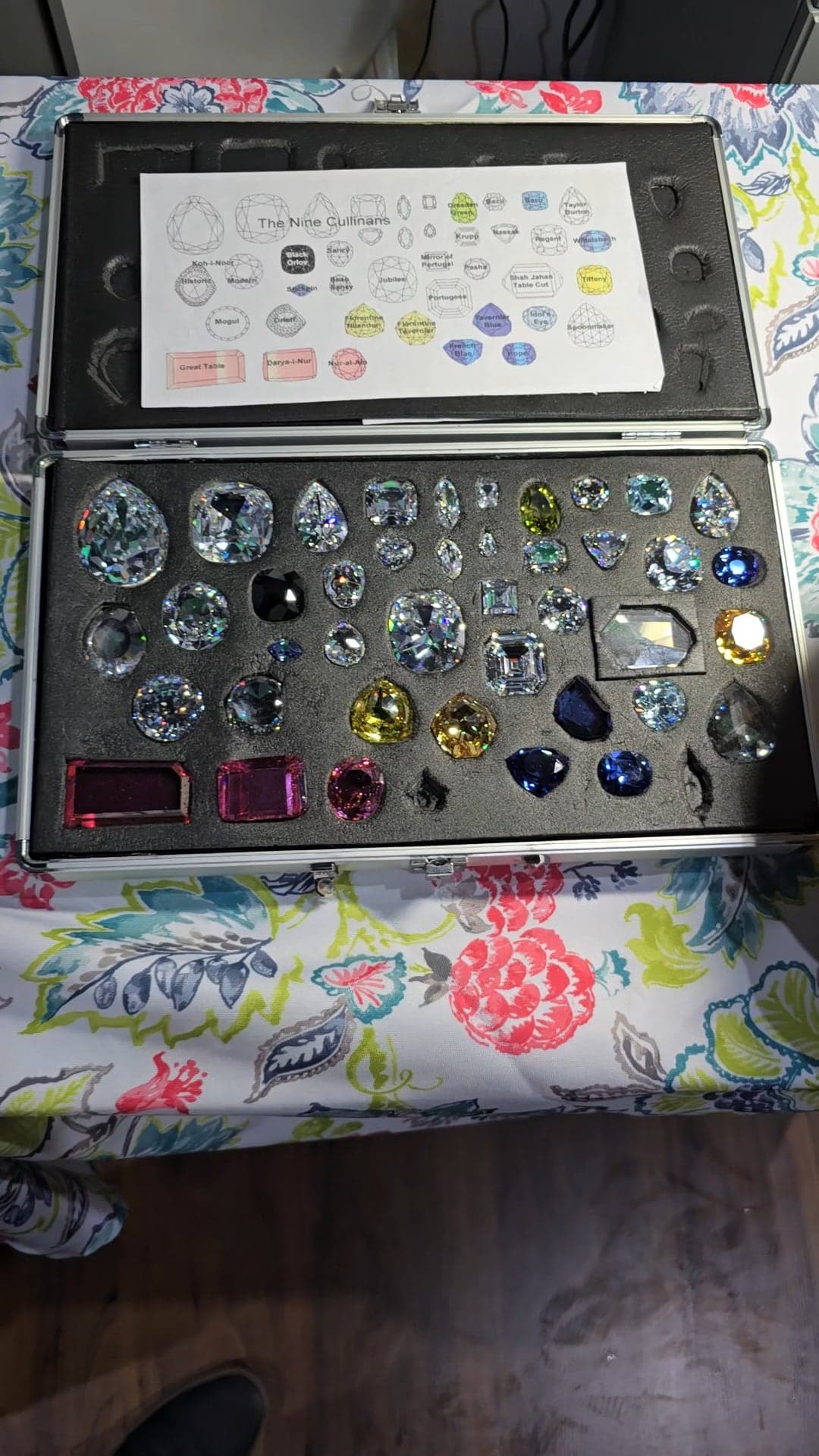 An open case of faceted replicas of famous diamonds and gemstones, beside a chart naming each one, from the Koh-i-Noor to the Hope