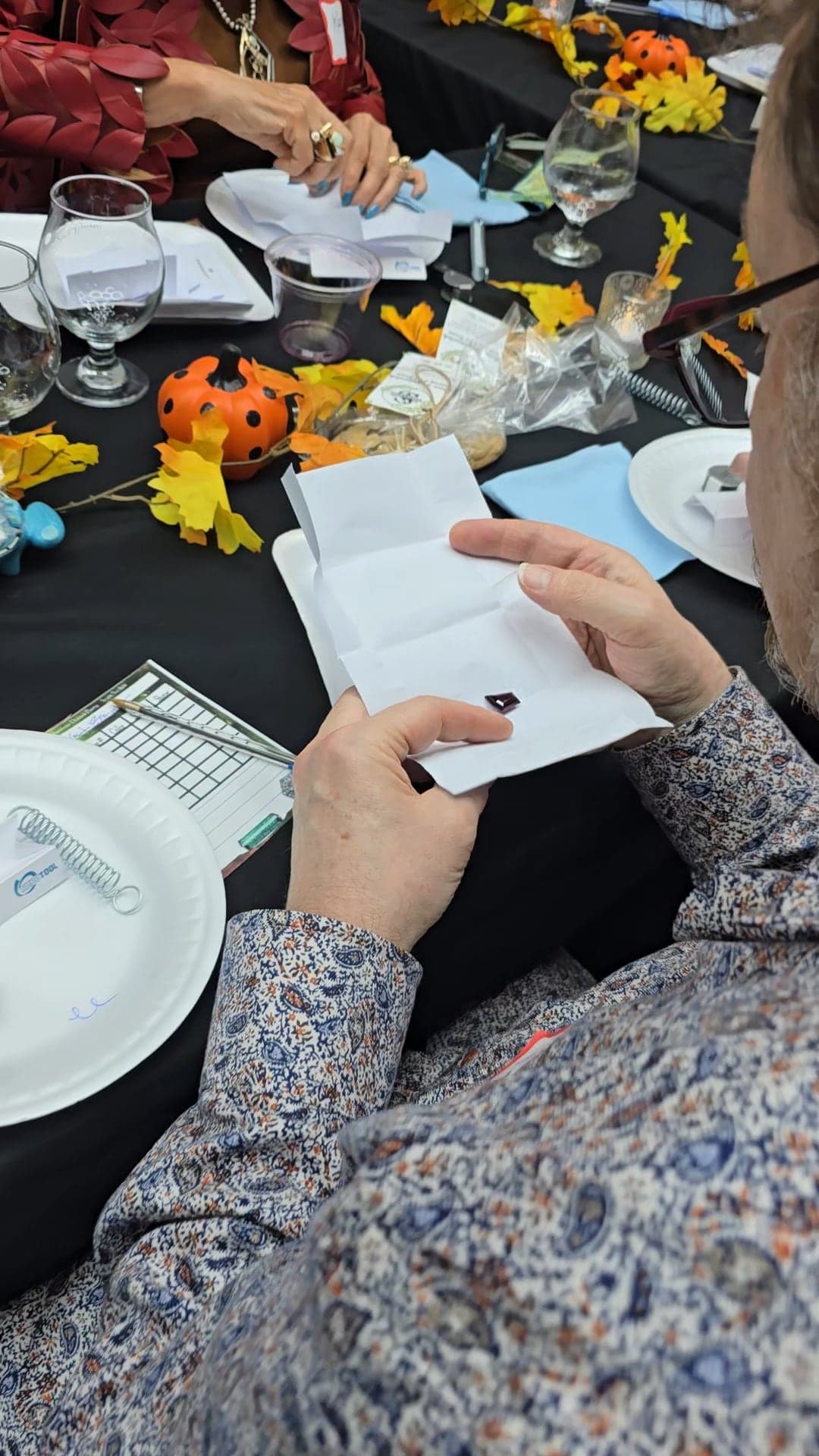 A guest examines a dark red faceted gemstone on its folded paper